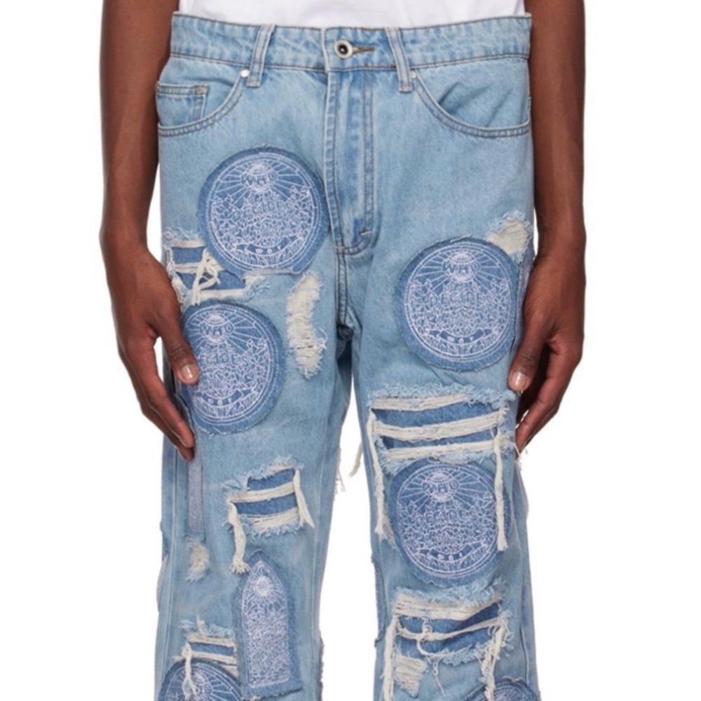 WHO DECIDES WAR Men's Relaxed Fit Distressed Blue Jeans 32